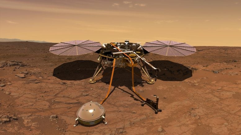 Een kunstenaarsconcept van de InSight-rover op Mars